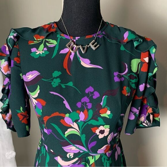 Kate Spade Fleur Nouveau dark green‎ floral smocked ruffle mini dress size 0 - Picture 4 of 17